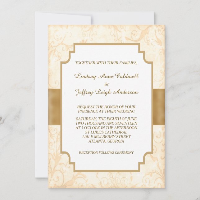 Antique Gold Floral Border Wedding Invitation (Front)