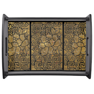 Antique Gold Floral Geometric Serving Tray