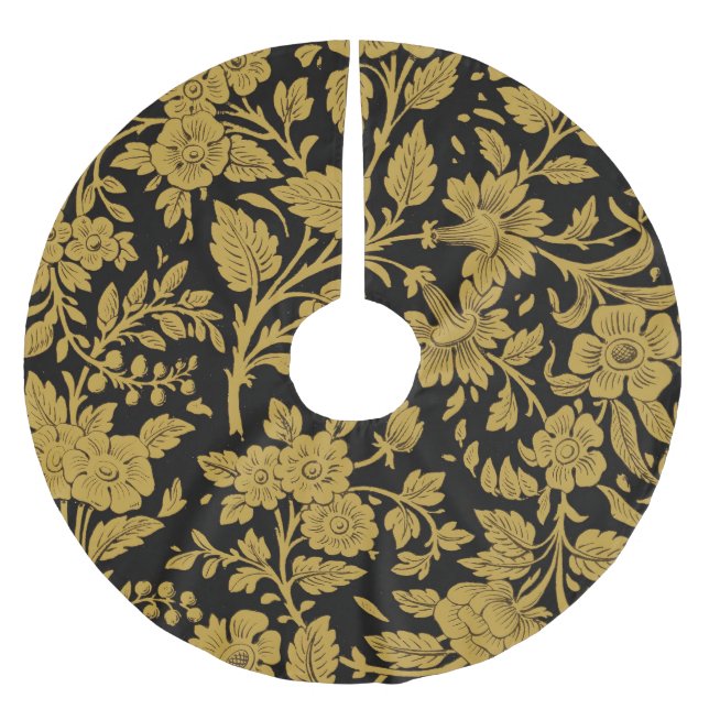 Antique Gold Floral Indian Lac-work Black Pattern Brushed Polyester Tree Skirt (Front)