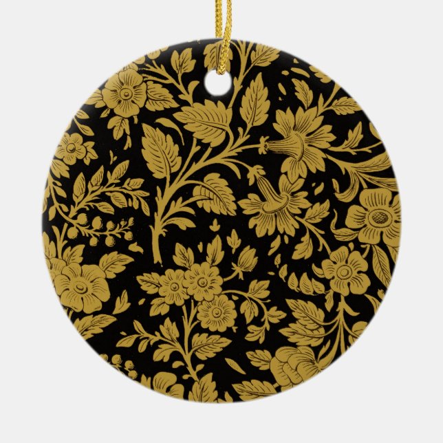 Antique Gold Floral Indian Lac-work Black Pattern Ceramic Ornament (Front)