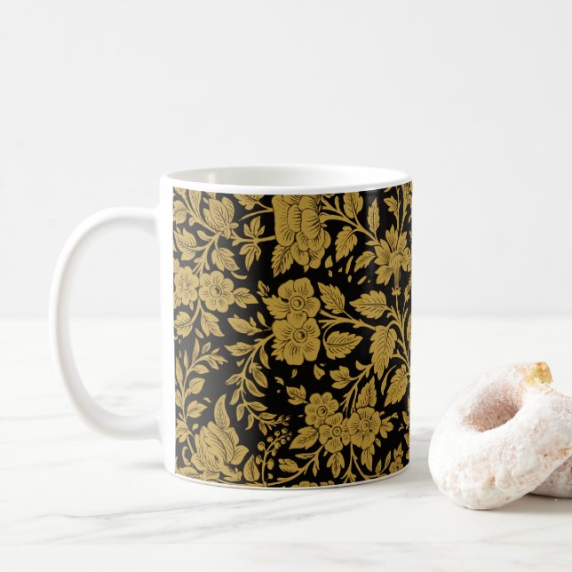 Antique Gold Floral Indian Lac-work Black Pattern Coffee Mug (With Donut)
