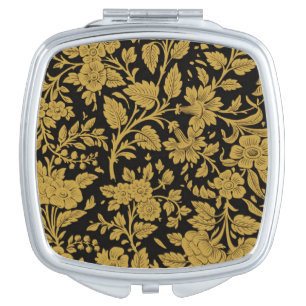 Antique Gold Floral Indian Lac-work Black Pattern Compact Mirror