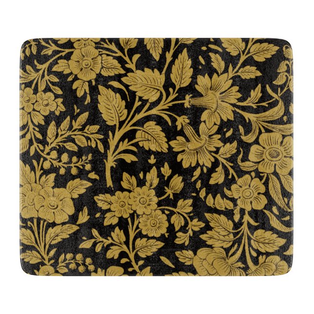 Antique Gold Floral Indian Lac-work Black Pattern Cutting Board (Front)