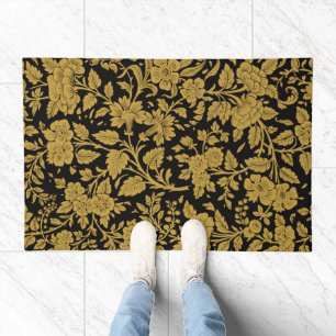 Antique Gold Floral Indian Lac-work Black Pattern Doormat