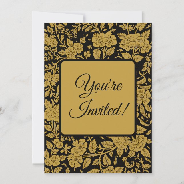 Antique Gold Floral Indian Lac-work Black Pattern Invitation (Front)