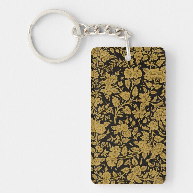 Antique Gold Floral Indian Lac-work Black Pattern Keychain (Front)