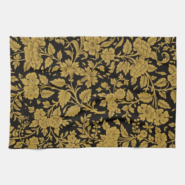 Antique Gold Floral Indian Lac-work Black Pattern Kitchen Towel (Horizontal)