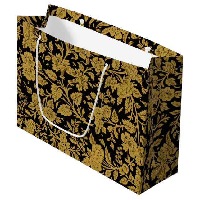 Antique Gold Floral Indian Lac-work Black Pattern Large Gift Bag (Front Angled)
