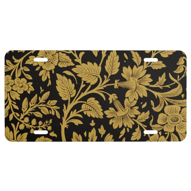Antique Gold Floral Indian Lac-work Black Pattern License Plate (Front)