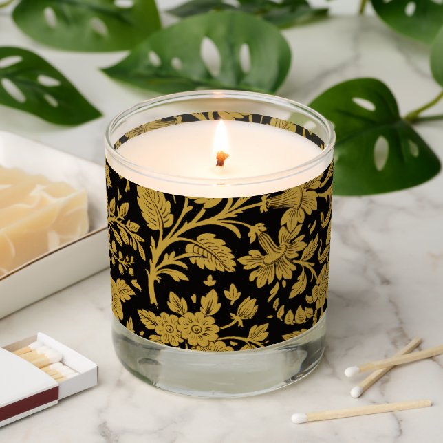 Antique Gold Floral Indian Lac-work Black Pattern Scented Candle (Lit)