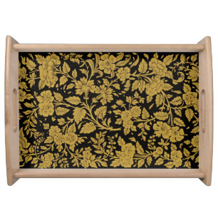 Antique Gold Floral Indian Lac-work Black Pattern Serving Tray