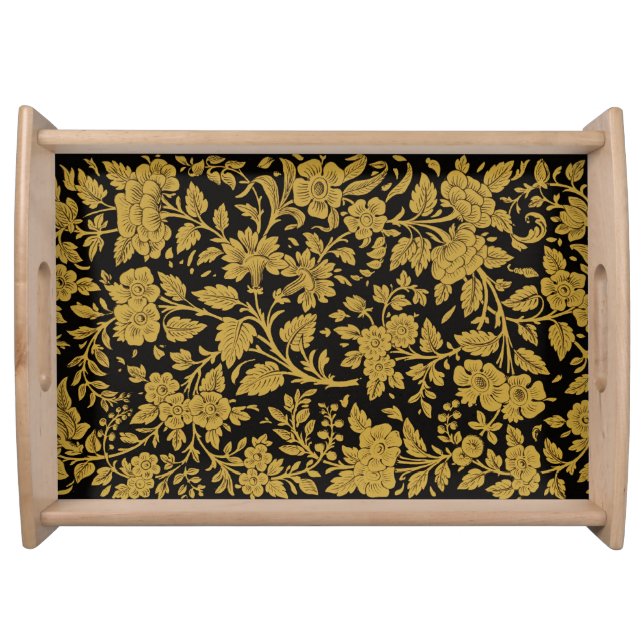 Antique Gold Floral Indian Lac-work Black Pattern Serving Tray (Front)