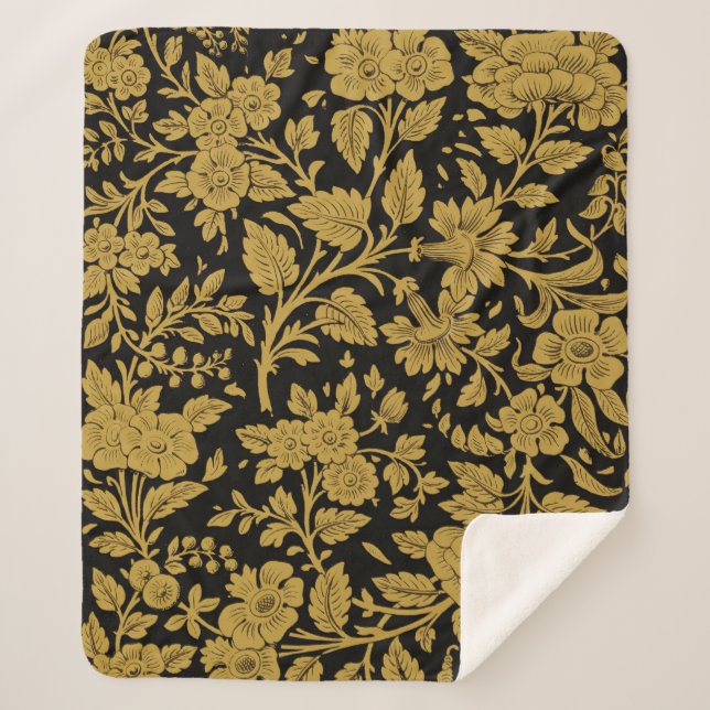 Antique Gold Floral Indian Lac-work Black Pattern Sherpa Blanket (Front)