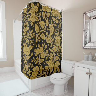 Antique Gold Floral Indian Lac-work Black Pattern Shower Curtain