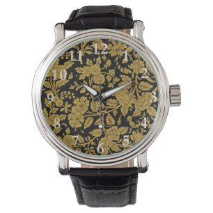 Antique Gold Floral Indian Lac-work Black Pattern Watch