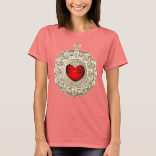 Antique Gold Floral Lace Doily FauxCharm Red Heart T_Shirt