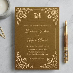 Antique Gold Floral Nikkah Islamic Muslim Wedding Invitation