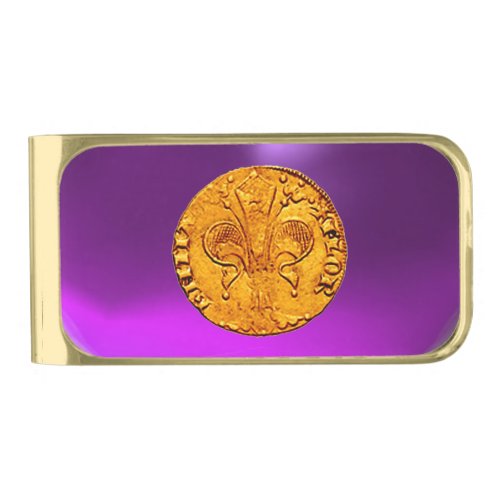 ANTIQUE GOLD FLORENTINE FORINT ON PURPLE GOLD FINISH MONEY CLIP