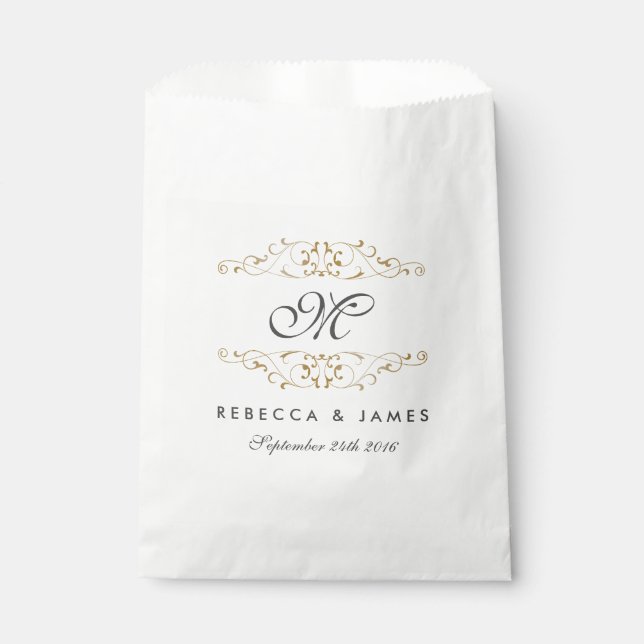 Antique Gold Flourish Monogram Wedding Favor Bags (Front)
