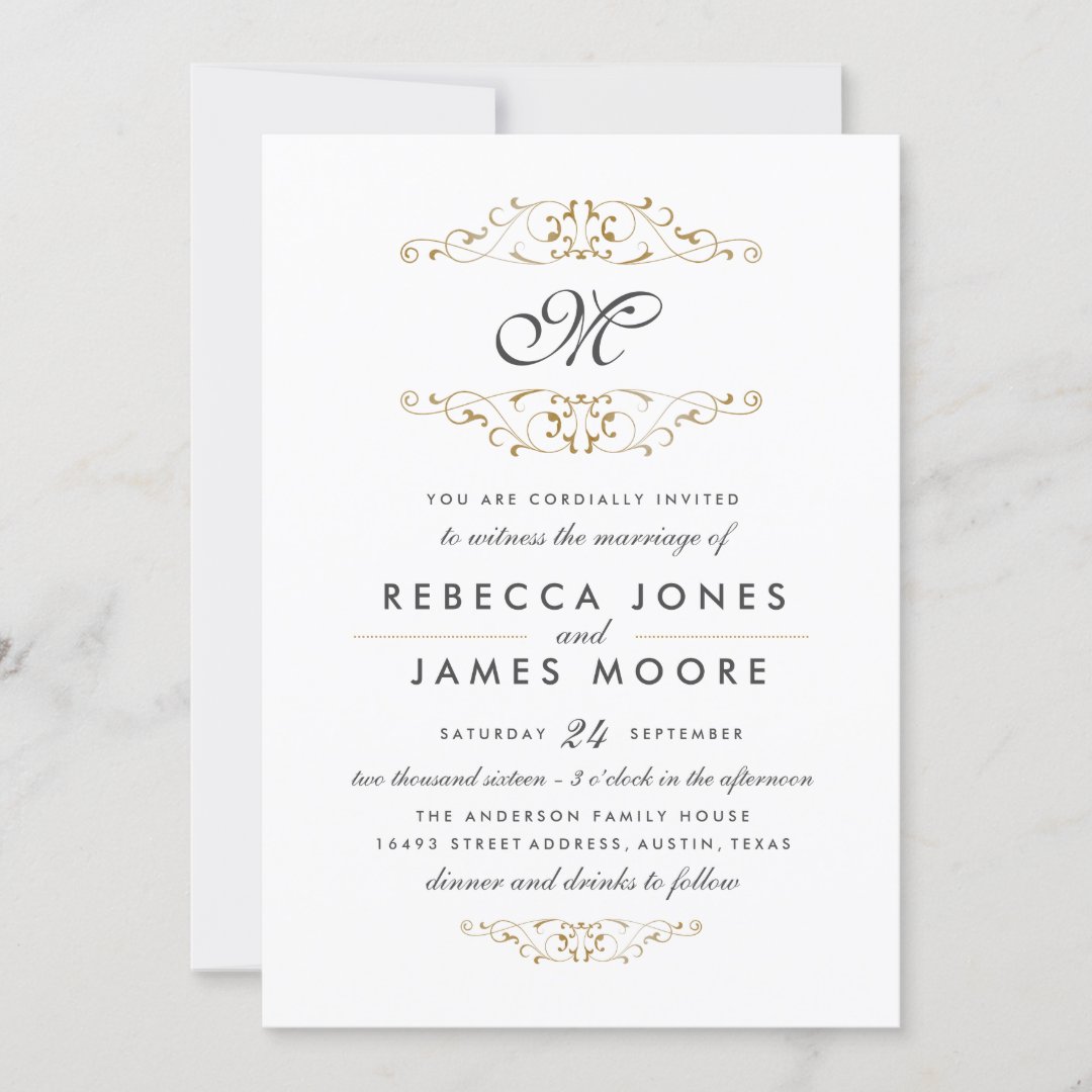 Antique Gold Flourish Monogram Wedding Invitation | Zazzle