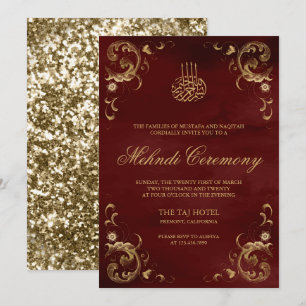 Antique Gold Frame Burgundy Red Islamic Mehndi Invitation