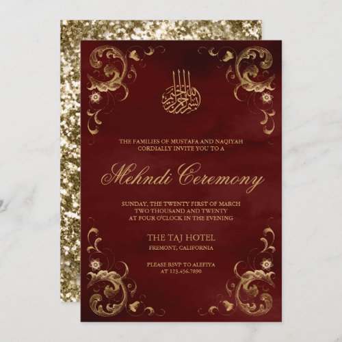 Antique Gold Frame Burgundy Red Islamic Mehndi Invitation