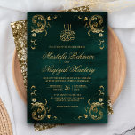 Antique Gold Frame Emerald Green Islamic Wedding Invitation<br><div class="desc">Amaze your guests with this Islamic style wedding invite featuring a delicate vintage frame and 'Bismillah' in Arabic calligraphy. Simply add your event details on this easy-to-use template to make it a one-of-a-kind invitation.</div>