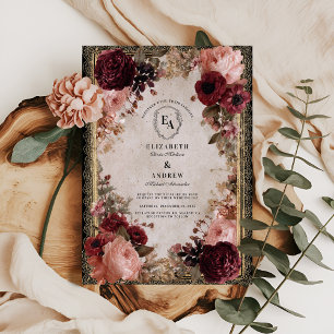 Antique Gold Frame with Deep Red Blooms Invitation
