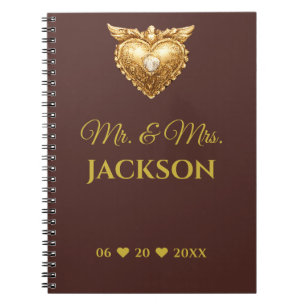 Antique Gold Heart Couples Name & Wedding Date Notebook