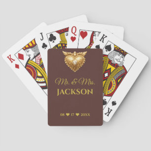 Antique Gold Heart Couples Name & Wedding Date Poker Cards