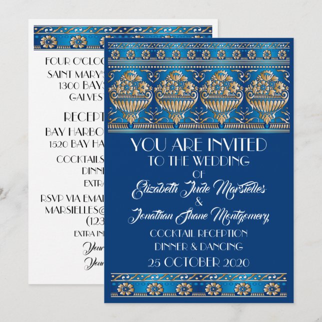 Antique Gold Lovely Blue Wedding - Formal Event Invitation (Front/Back)