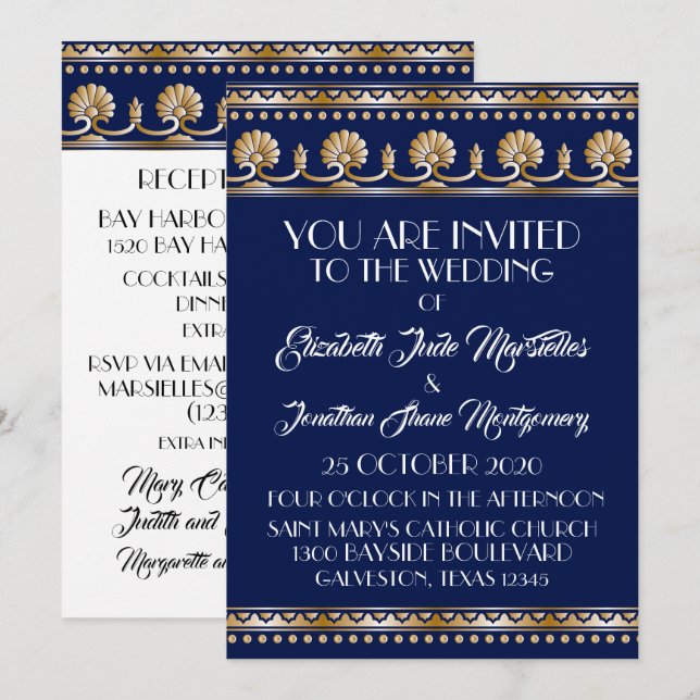 Antique Gold Lovely Blue Wedding - Formal Event Invitation (Front/Back)