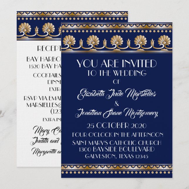 Antique Gold Lovely Blue Wedding - Formal Event Invitation (Front/Back)