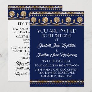 Antique Gold Lovely Blue Wedding - Formal Event Invitation