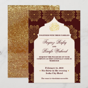 Antique Gold Mandalas Burgundy Red Islamic Wedding Invitation