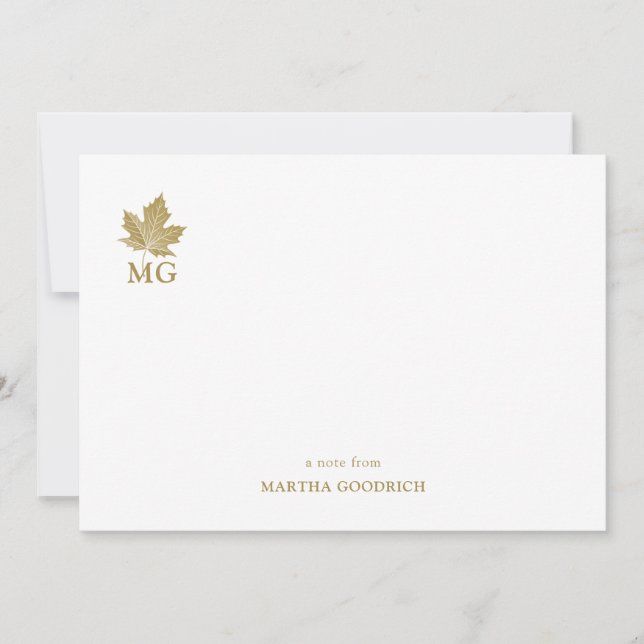 Antique Gold Maple Leaf Personalized Monogram Note Card (Front)