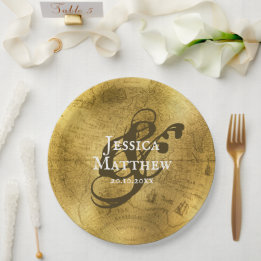 Antique Gold Metallic Old Map Wedding Paper Plates