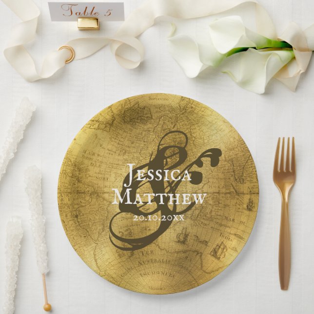 Antique Gold Metallic Old Map Wedding  Paper Plates (Wedding)