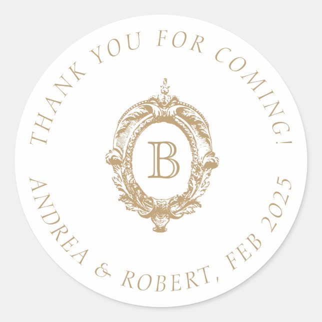 Antique Gold Monogram Crest Wedding Classic Round Sticker (Front)