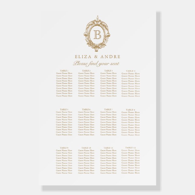 Antique Gold Monogram Crest Wedding Seating Chart Foam Board (Front)