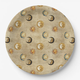 Antique Gold Moon Stars Cosmic Celestial Pattern Paper Plates