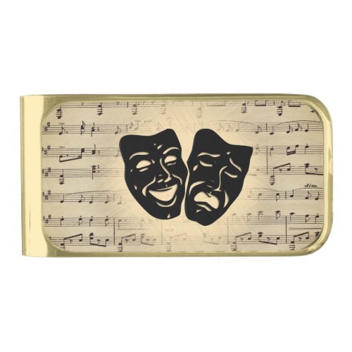 Antique Gold Music and Theater Masks   Gold Finish Money Clip