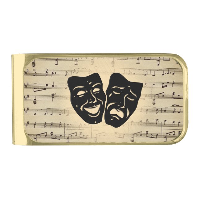 Antique Gold Music and Theater Masks   Gold Finish Money Clip (Front)
