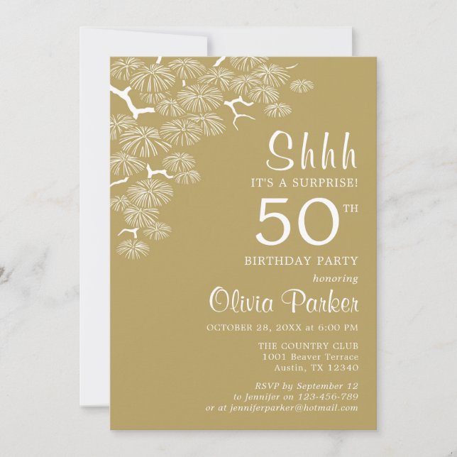 Antique Gold Pine Branch Surprise 50th Birthday Invitation (Front)