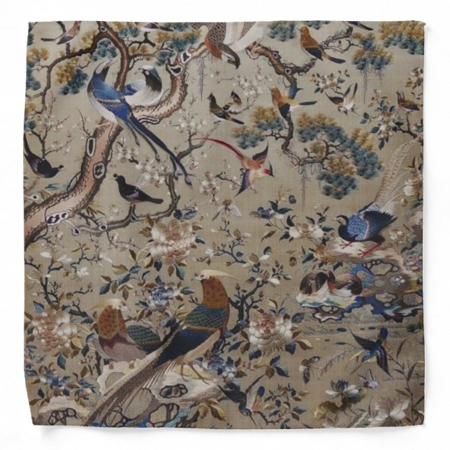 Antique,gold,silk,nature,Painting,asian,Birds,beau Bandana (Front)