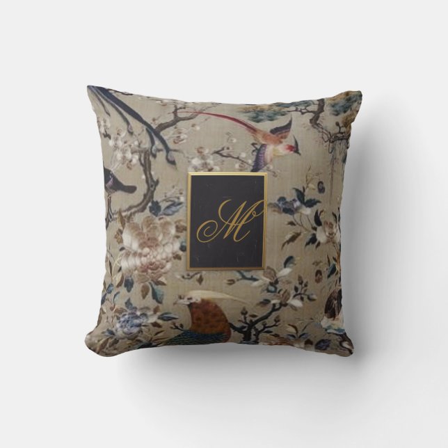Antique,gold,silk,nature,Painting,asian,Birds,beau Throw Pillow (Front)