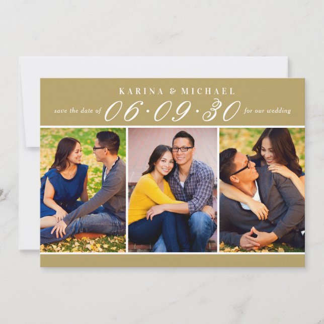 Antique Gold Three Photo Collage Wedding Save The Date (Front)