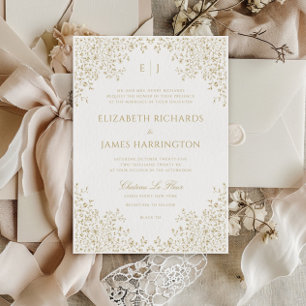 Antique Gold Vintage Floral Line Art Frame Wedding Invitation