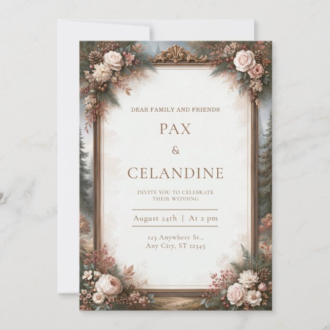 Antique Gold Woodland Rose Wedding Invitation (Front)