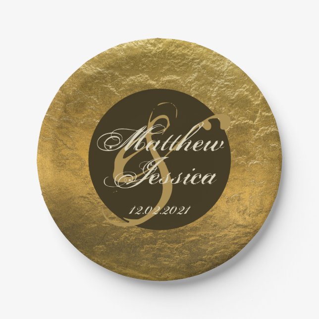 Antique Golden Faux Metal Personalized Name Date Paper Plates (Front)